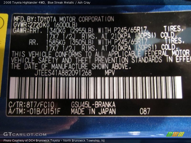 Blue Streak Metallic / Ash Gray 2008 Toyota Highlander 4WD