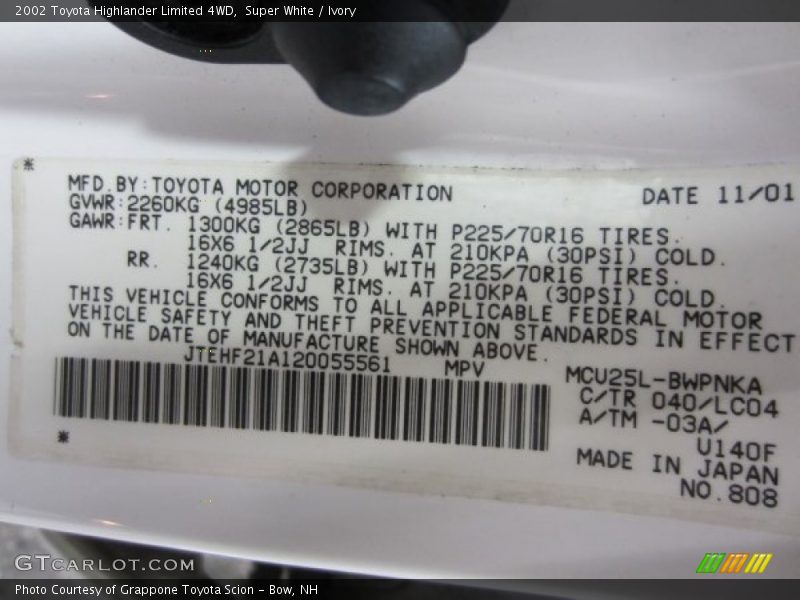 Super White / Ivory 2002 Toyota Highlander Limited 4WD