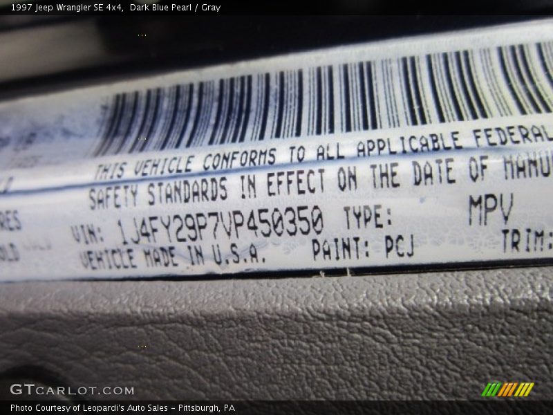Dark Blue Pearl / Gray 1997 Jeep Wrangler SE 4x4