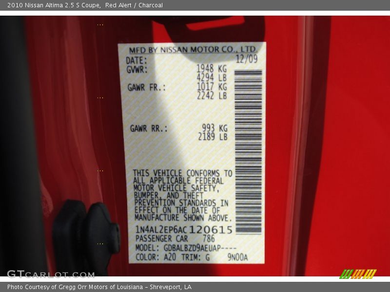 Red Alert / Charcoal 2010 Nissan Altima 2.5 S Coupe