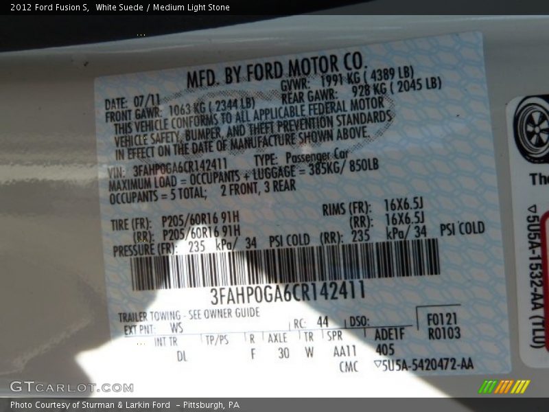 White Suede / Medium Light Stone 2012 Ford Fusion S