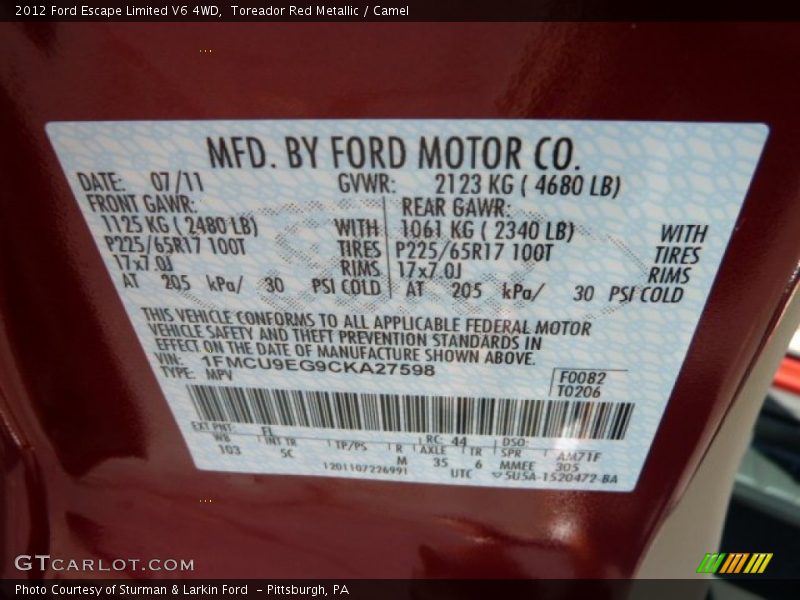 2012 Escape Limited V6 4WD Toreador Red Metallic Color Code FL