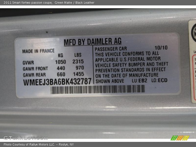 Info Tag of 2011 fortwo passion coupe