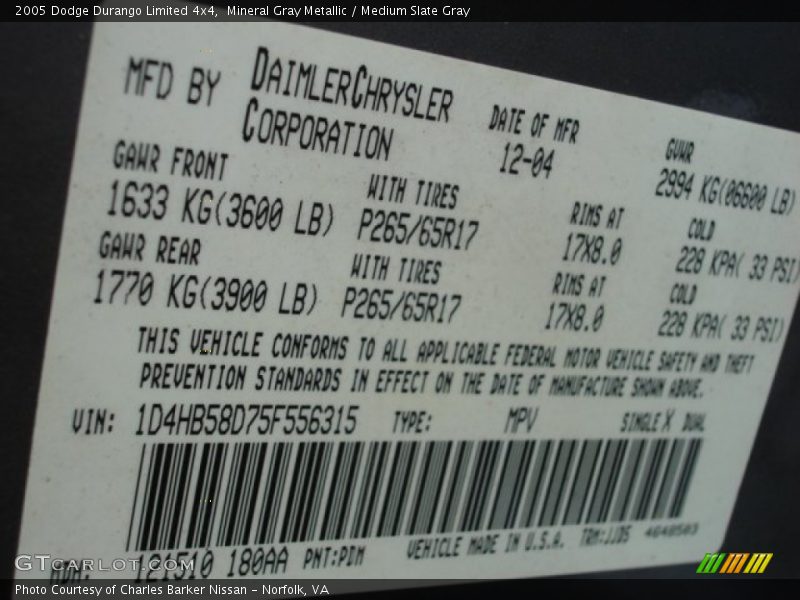 Mineral Gray Metallic / Medium Slate Gray 2005 Dodge Durango Limited 4x4