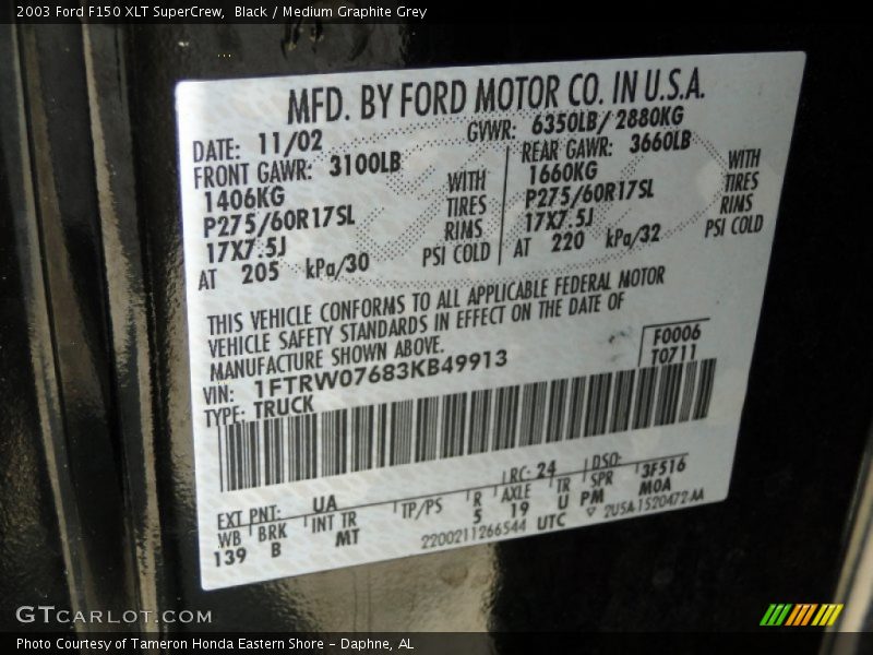 Black / Medium Graphite Grey 2003 Ford F150 XLT SuperCrew