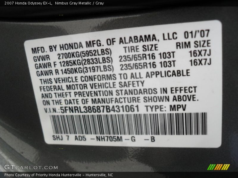 Nimbus Gray Metallic / Gray 2007 Honda Odyssey EX-L