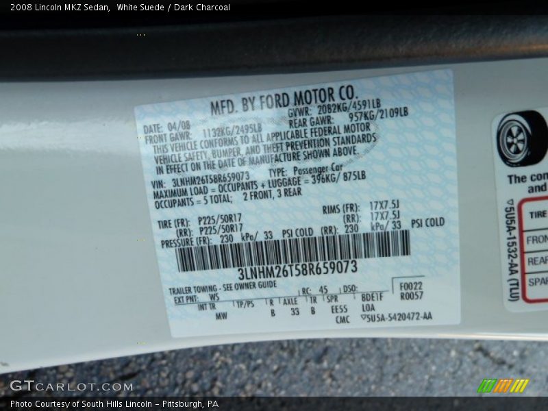 White Suede / Dark Charcoal 2008 Lincoln MKZ Sedan