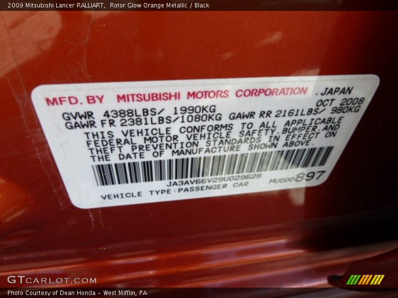 Rotor Glow Orange Metallic / Black 2009 Mitsubishi Lancer RALLIART