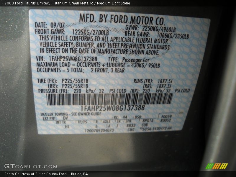 Titanium Green Metallic / Medium Light Stone 2008 Ford Taurus Limited