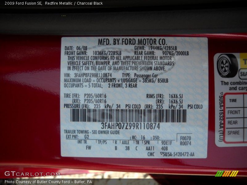 Redfire Metallic / Charcoal Black 2009 Ford Fusion SE