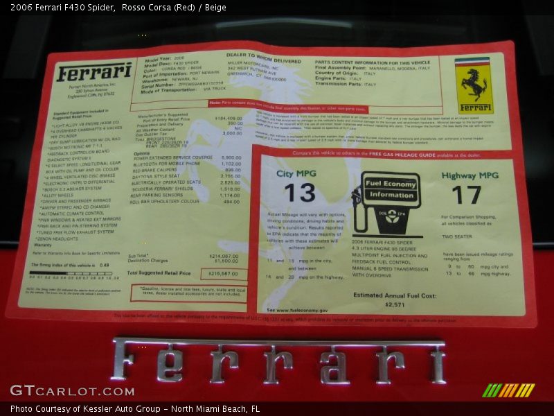  2006 F430 Spider Window Sticker