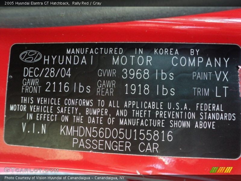 2005 Elantra GT Hatchback Rally Red Color Code VX