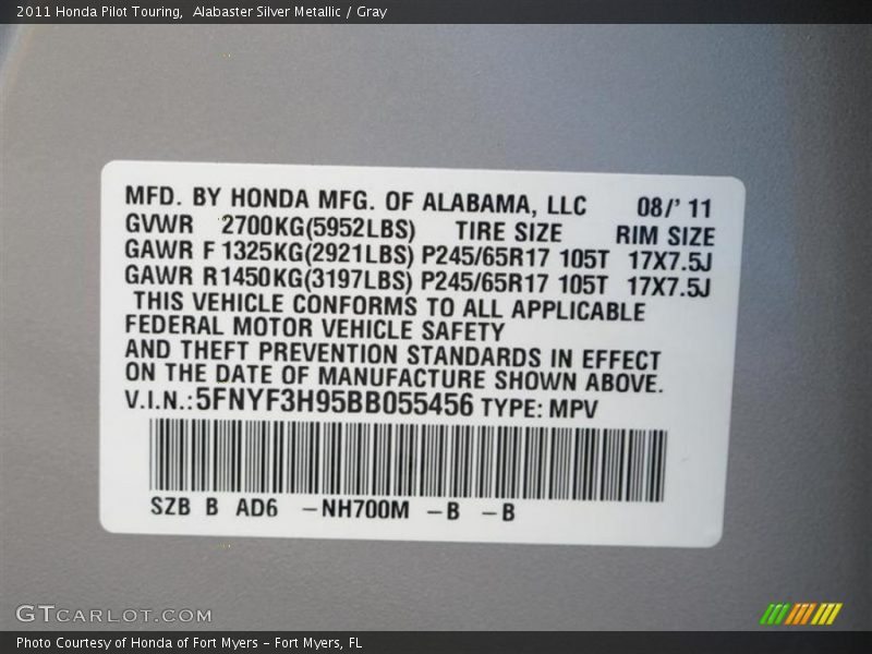 2011 Pilot Touring Alabaster Silver Metallic Color Code NH700M