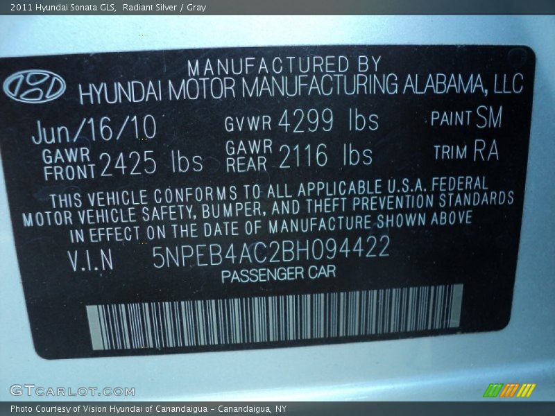 Radiant Silver / Gray 2011 Hyundai Sonata GLS