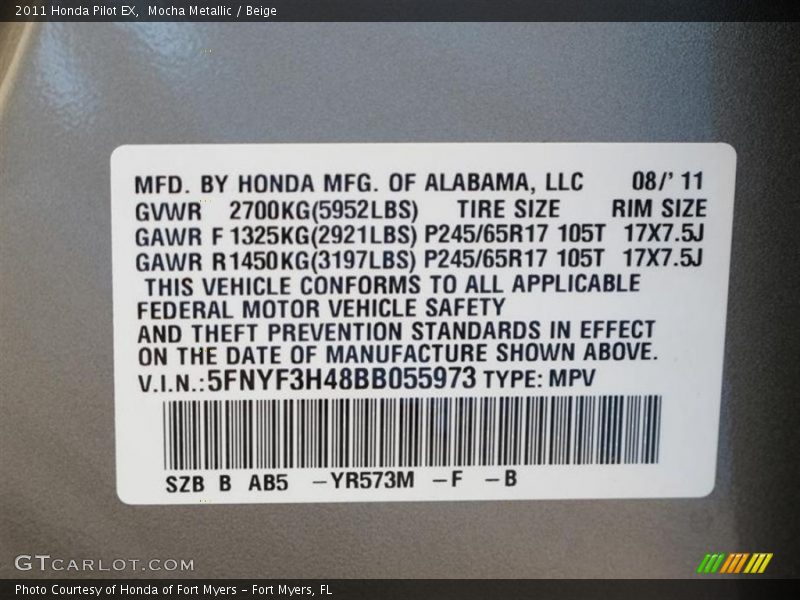 2011 Pilot EX Mocha Metallic Color Code YR573M