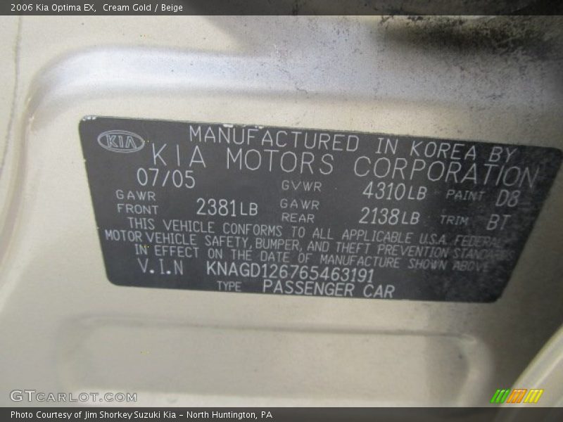 Cream Gold / Beige 2006 Kia Optima EX