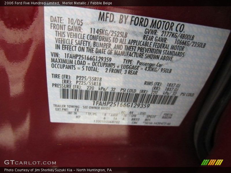 2006 Five Hundred Limited Merlot Metallic Color Code FX