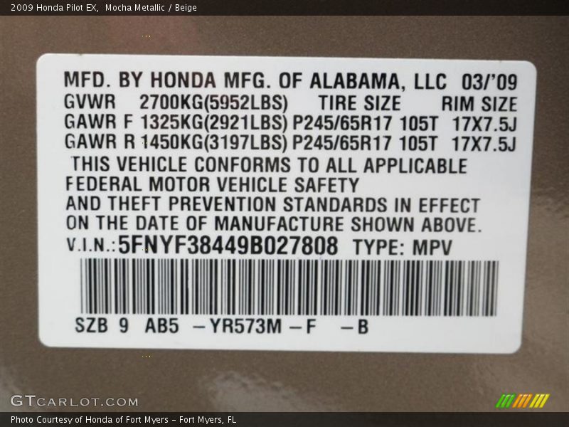 2009 Pilot EX Mocha Metallic Color Code YR573M