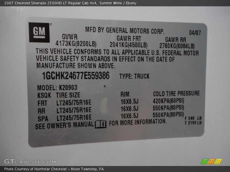 Info Tag of 2007 Silverado 2500HD LT Regular Cab 4x4