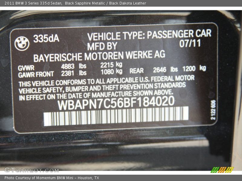 Black Sapphire Metallic / Black Dakota Leather 2011 BMW 3 Series 335d Sedan