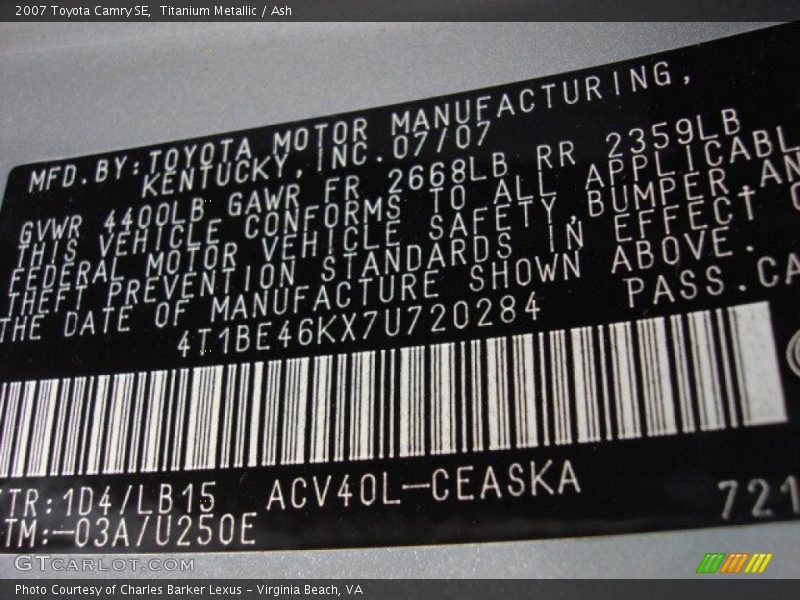 Titanium Metallic / Ash 2007 Toyota Camry SE