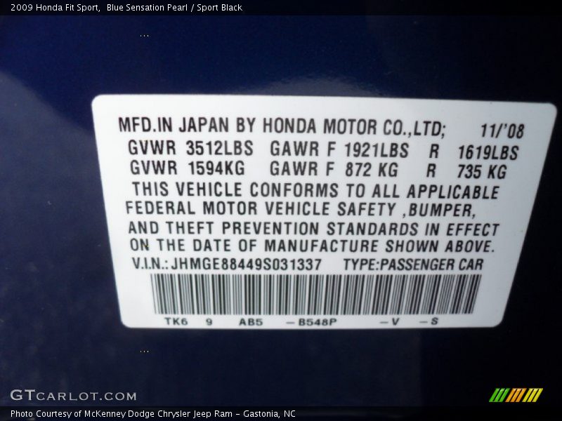 Blue Sensation Pearl / Sport Black 2009 Honda Fit Sport
