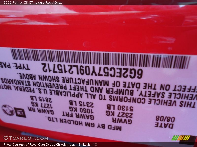 Liquid Red / Onyx 2009 Pontiac G8 GT