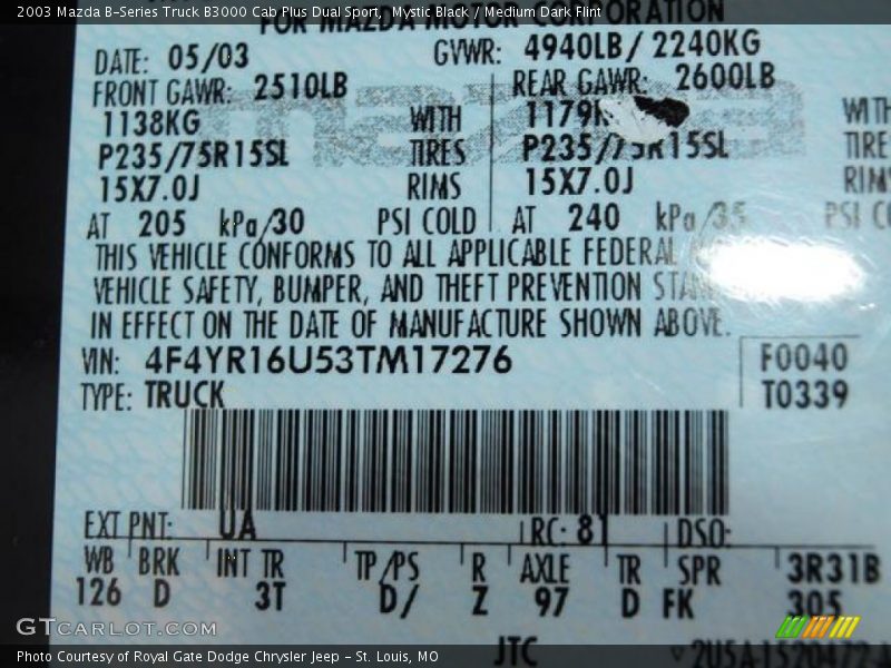 2003 B-Series Truck B3000 Cab Plus Dual Sport Mystic Black Color Code UA