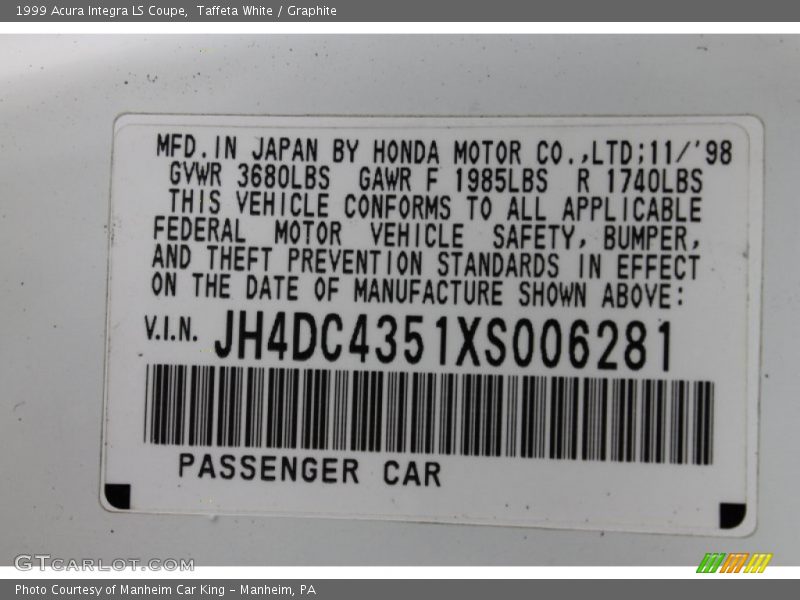 Taffeta White / Graphite 1999 Acura Integra LS Coupe