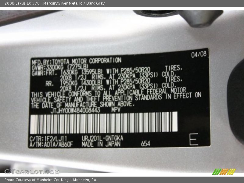 Mercury Silver Metallic / Dark Gray 2008 Lexus LX 570