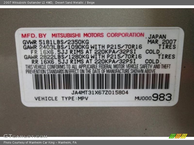 Desert Sand Metallic / Beige 2007 Mitsubishi Outlander LS 4WD