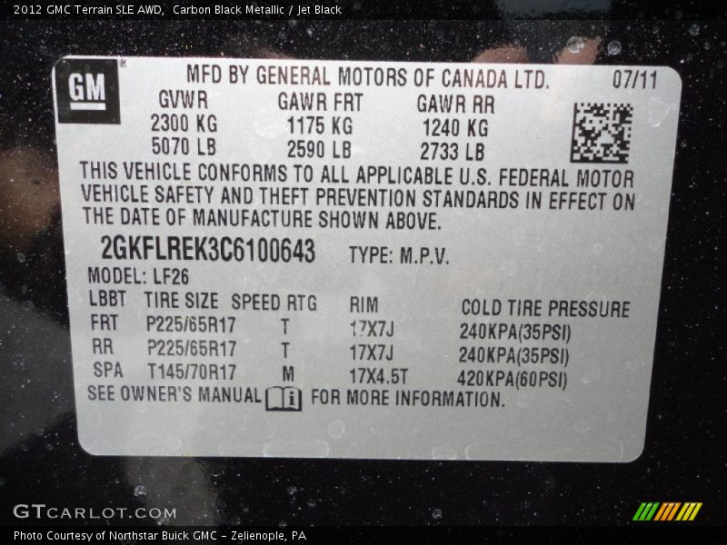 Carbon Black Metallic / Jet Black 2012 GMC Terrain SLE AWD