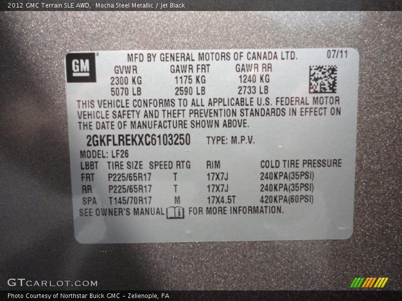 Info Tag of 2012 Terrain SLE AWD