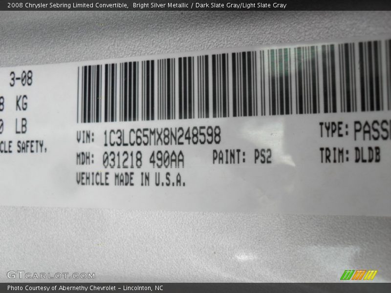 Bright Silver Metallic / Dark Slate Gray/Light Slate Gray 2008 Chrysler Sebring Limited Convertible