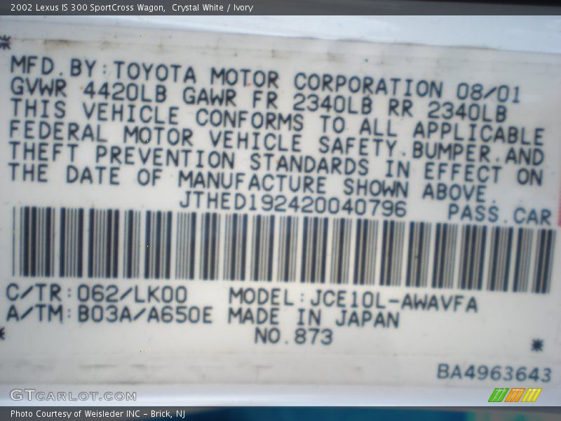 2002 IS 300 SportCross Wagon Crystal White Color Code 062