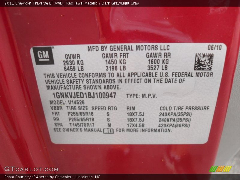 Red Jewel Metallic / Dark Gray/Light Gray 2011 Chevrolet Traverse LT AWD