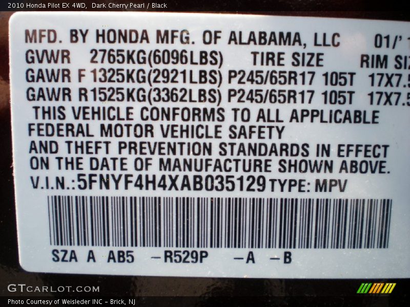 2010 Pilot EX 4WD Dark Cherry Pearl Color Code R529P