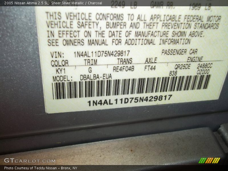 Sheer Silver Metallic / Charcoal 2005 Nissan Altima 2.5 SL