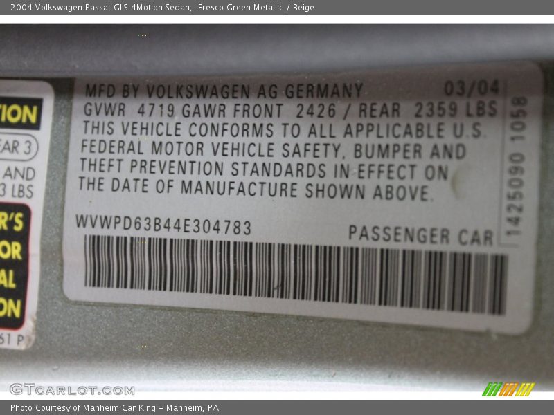 Fresco Green Metallic / Beige 2004 Volkswagen Passat GLS 4Motion Sedan