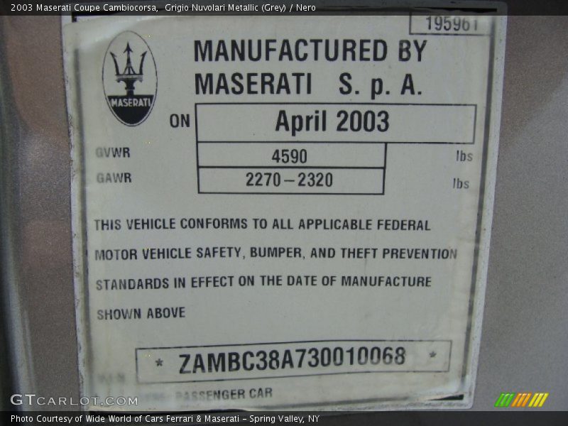 Info Tag of 2003 Coupe Cambiocorsa