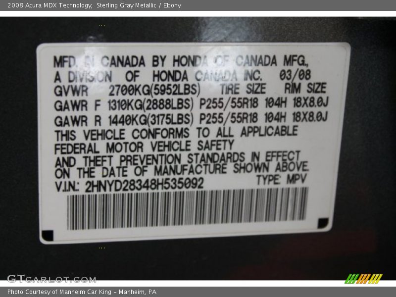 Sterling Gray Metallic / Ebony 2008 Acura MDX Technology
