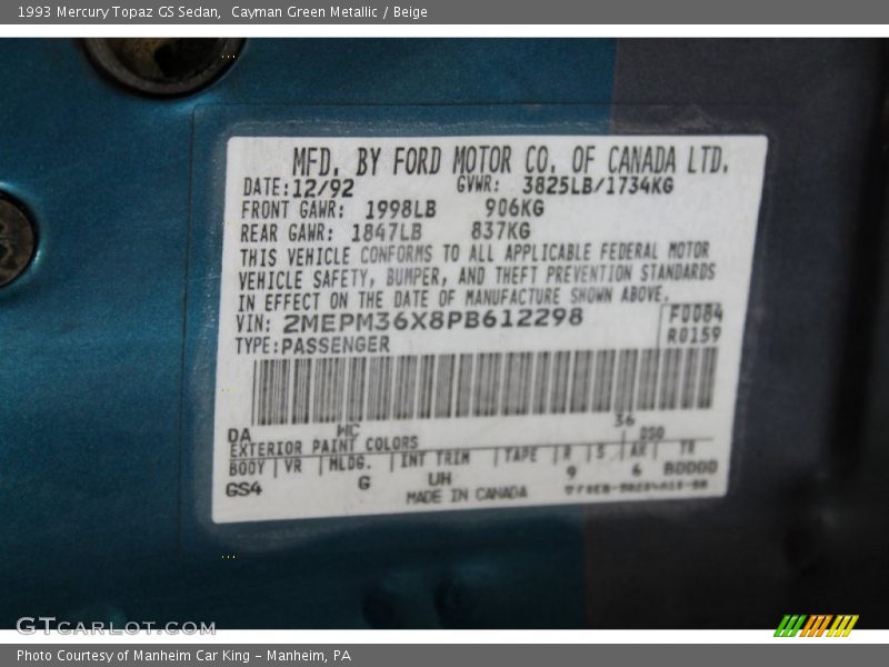 1993 Topaz GS Sedan Cayman Green Metallic Color Code DA