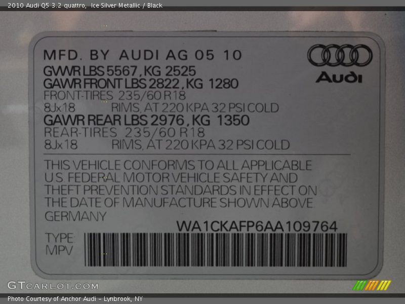 Ice Silver Metallic / Black 2010 Audi Q5 3.2 quattro