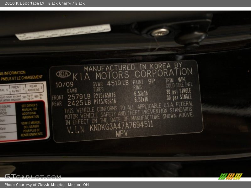 Black Cherry / Black 2010 Kia Sportage LX