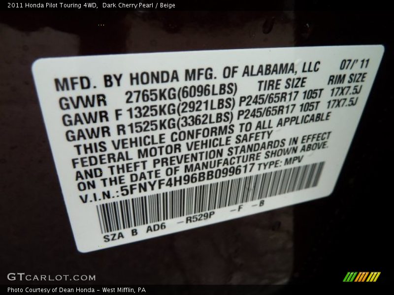2011 Pilot Touring 4WD Dark Cherry Pearl Color Code R529P