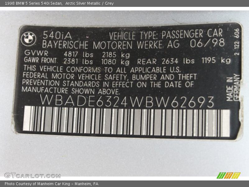 Arctic Silver Metallic / Grey 1998 BMW 5 Series 540i Sedan