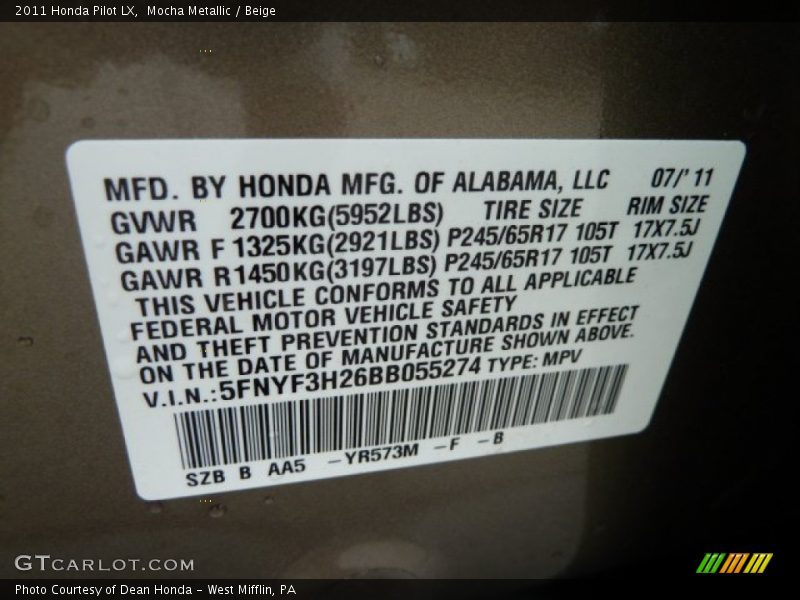 2011 Pilot LX Mocha Metallic Color Code YR573M