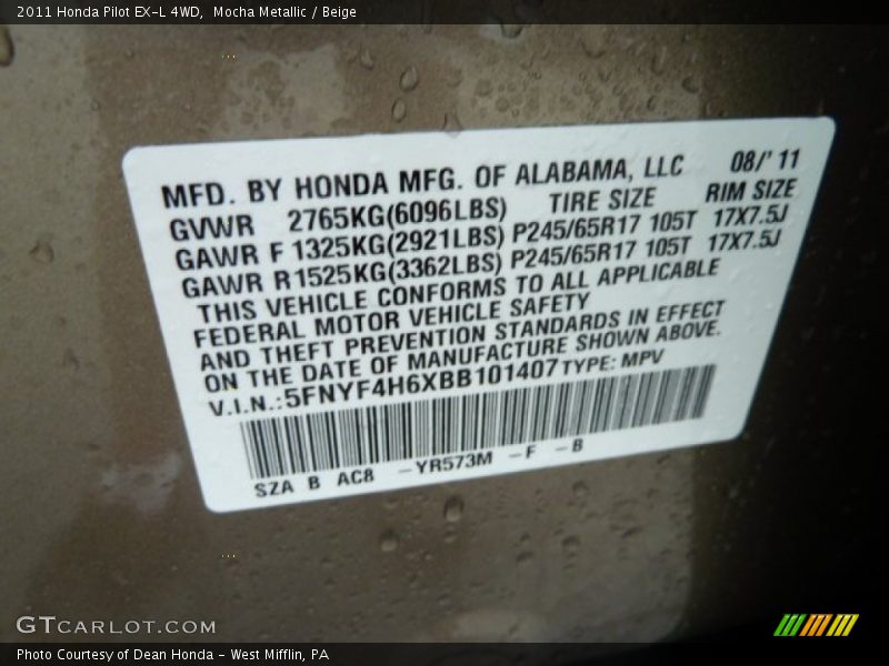 2011 Pilot EX-L 4WD Mocha Metallic Color Code YR573M
