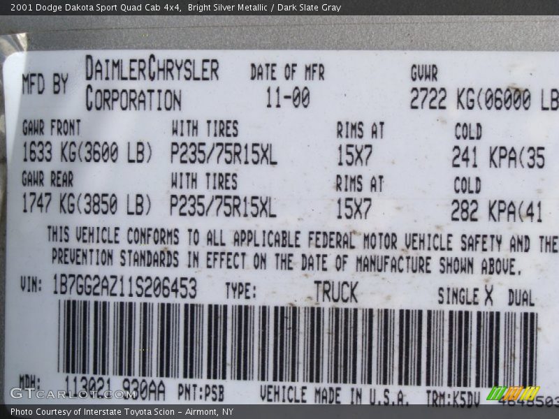 2001 Dakota Sport Quad Cab 4x4 Bright Silver Metallic Color Code PSB