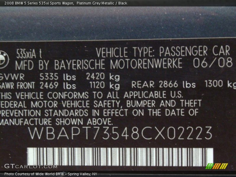 Platinum Grey Metallic / Black 2008 BMW 5 Series 535xi Sports Wagon